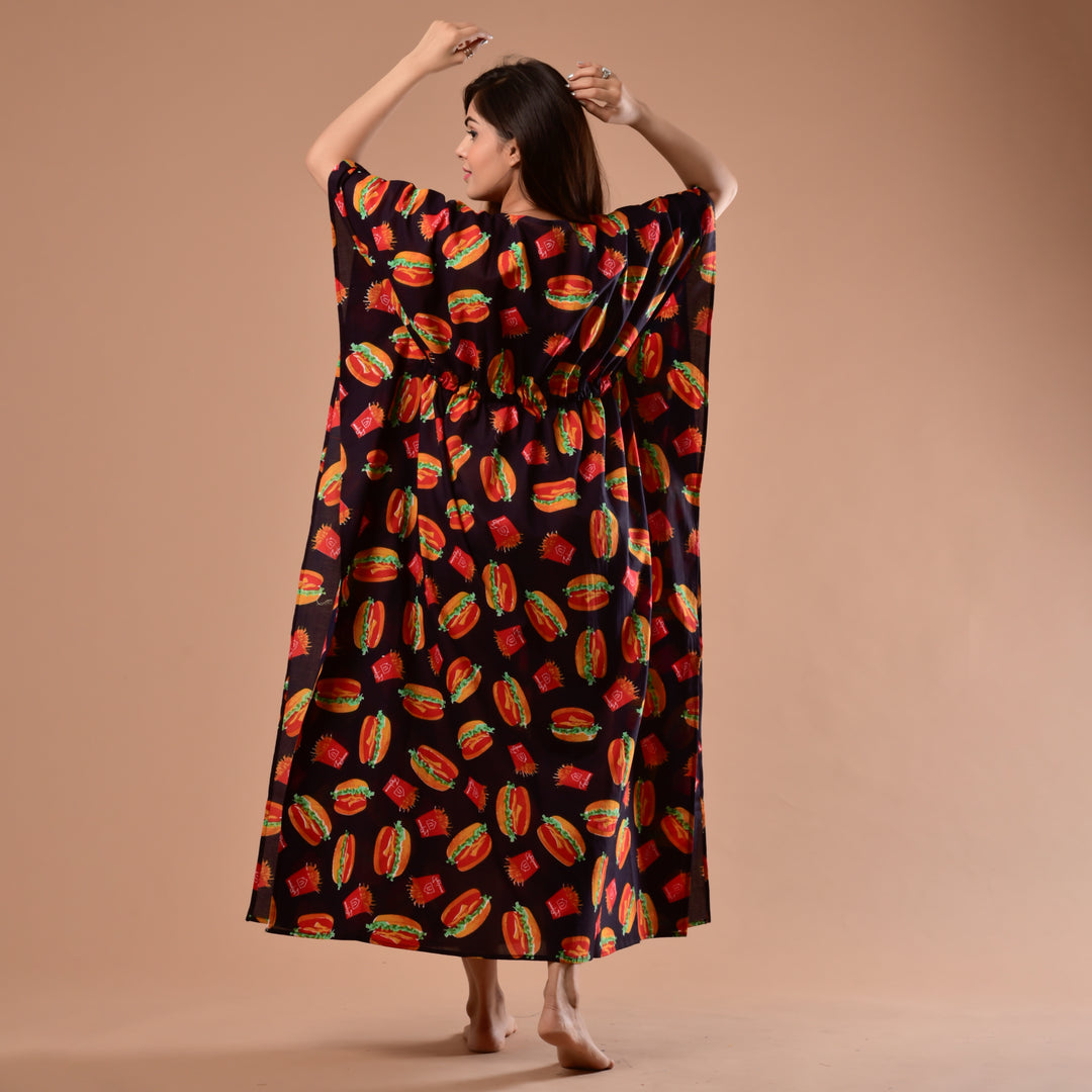 Black Burger Print Long Kaftan