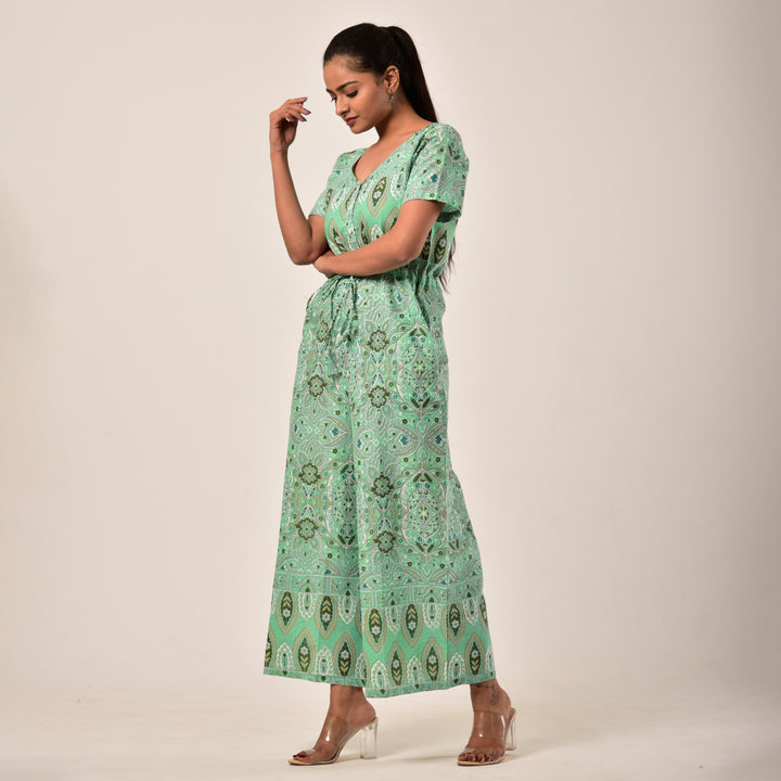 Cotton Sea Green Handlook Waist Tie Up Jumpsuit