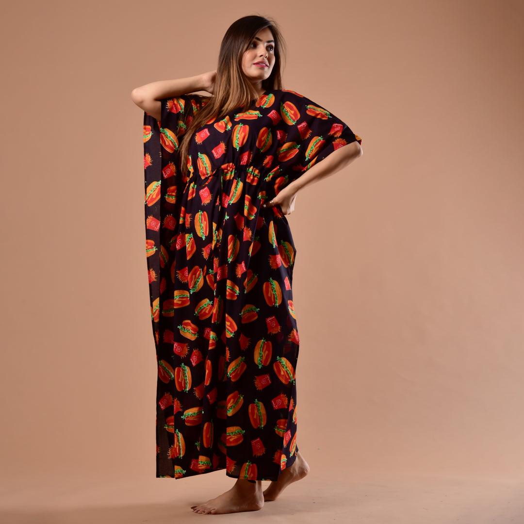 Black Burger Print Long Kaftan