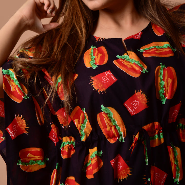 Black Burger Print Long Kaftan