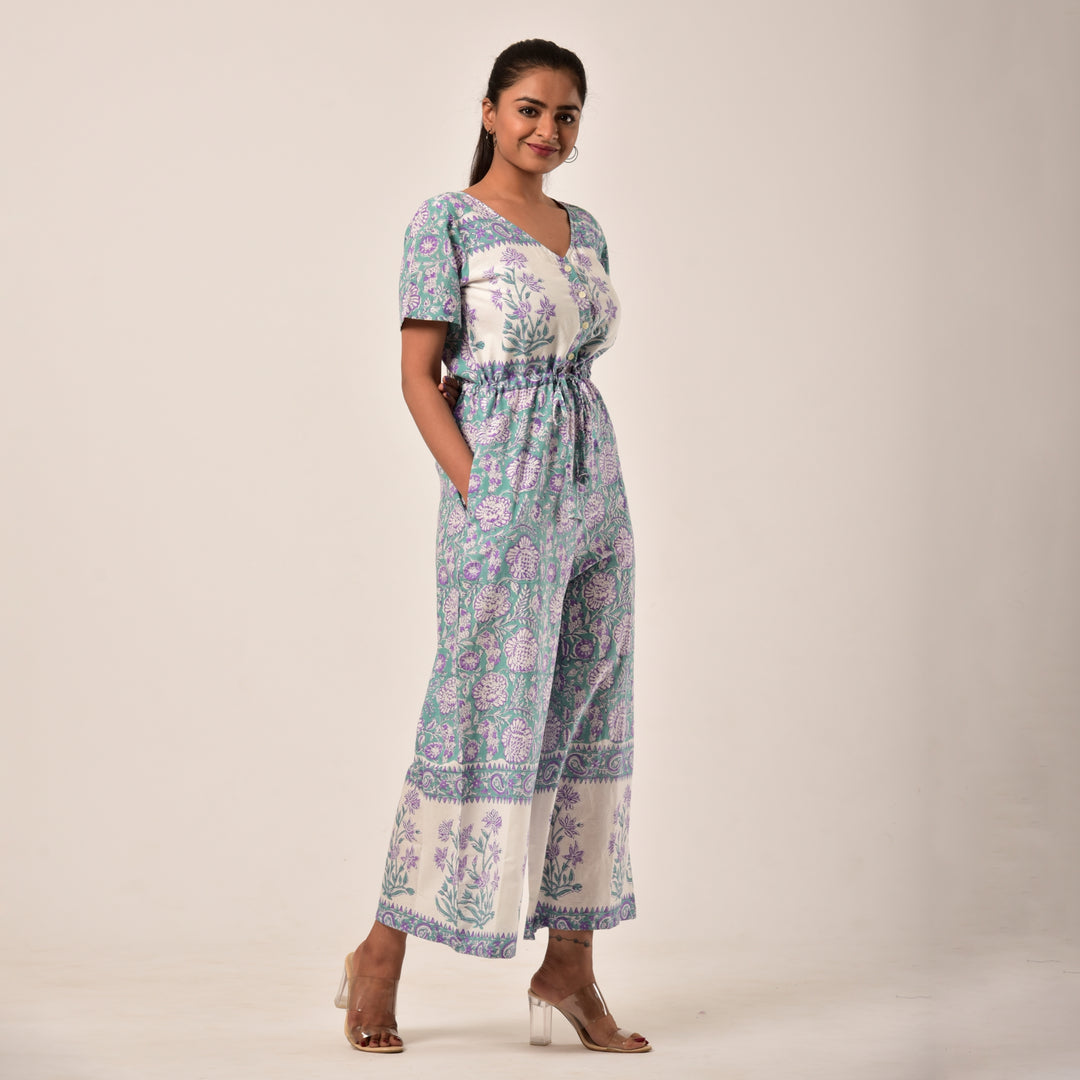 Cotton Hand Block Print Sea Green Jumpsuit