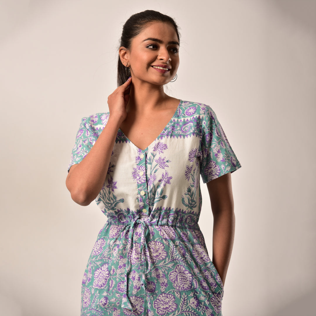 Cotton Hand Block Print Sea Green Jumpsuit