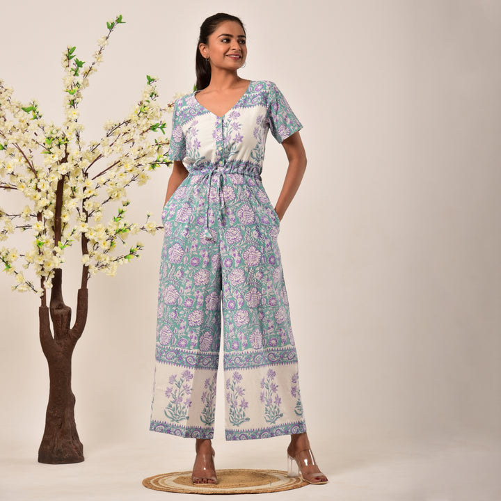 Cotton Hand Block Print Sea Green Jumpsuit