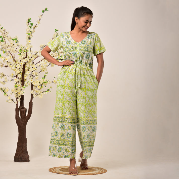 Cotton Hand Block Print Lime Green Jumpsuit