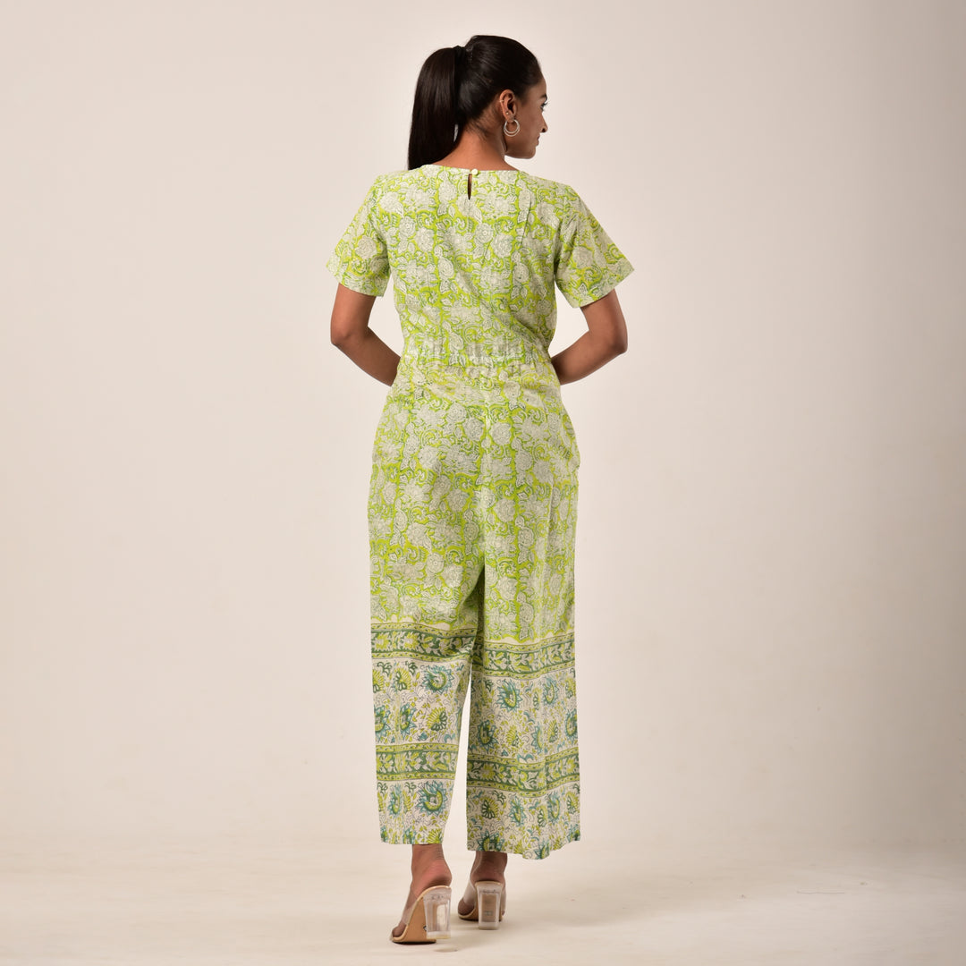 Cotton Hand Block Print Lime Green Jumpsuit