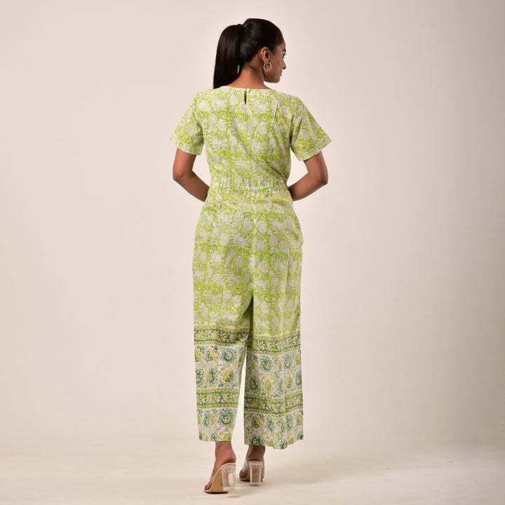 Cotton Hand Block Print Lime Green Jumpsuit