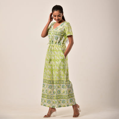 Cotton Hand Block Print Lime Green Jumpsuit