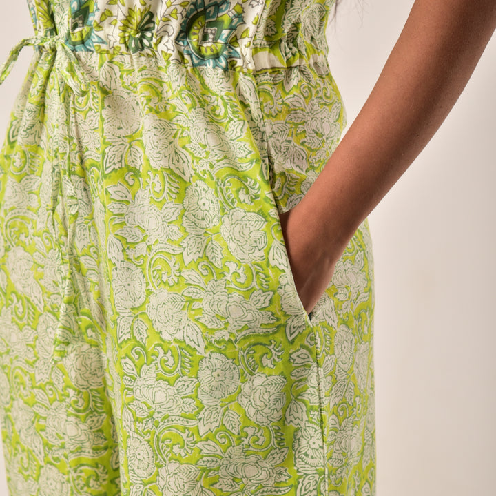 Cotton Hand Block Print Lime Green Jumpsuit