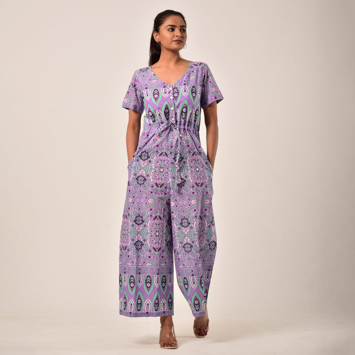 Cotton Purple Handlook Waist Tie Up Jumpsuit
