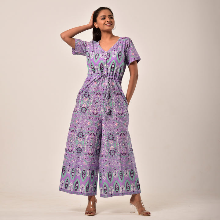 Cotton Purple Handlook Waist Tie Up Jumpsuit