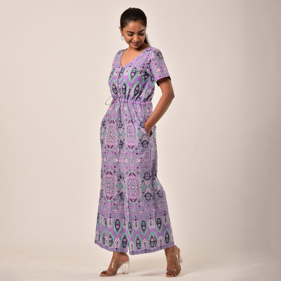 Cotton Purple Handlook Waist Tie Up Jumpsuit