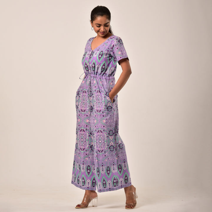 Cotton Purple Handlook Waist Tie Up Jumpsuit