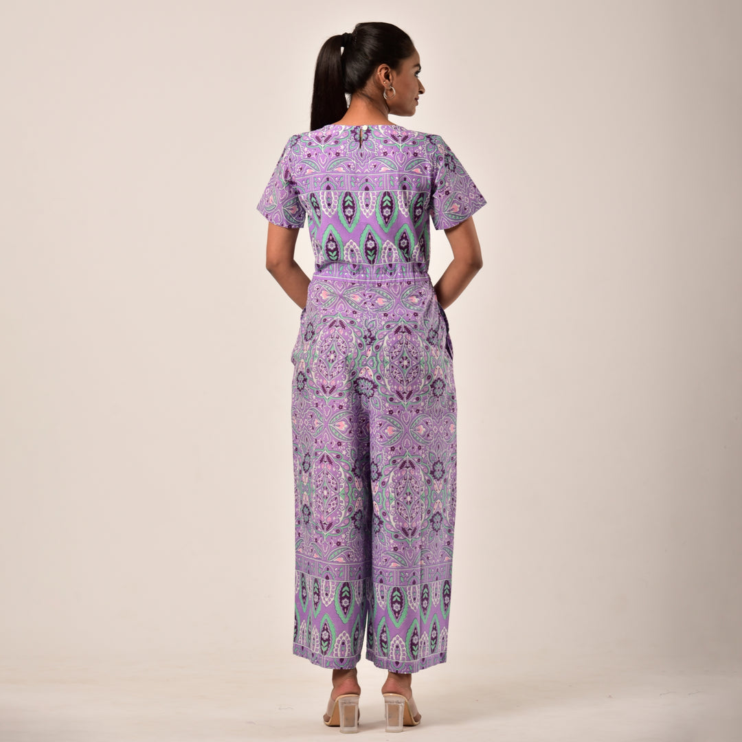 Cotton Purple Handlook Waist Tie Up Jumpsuit