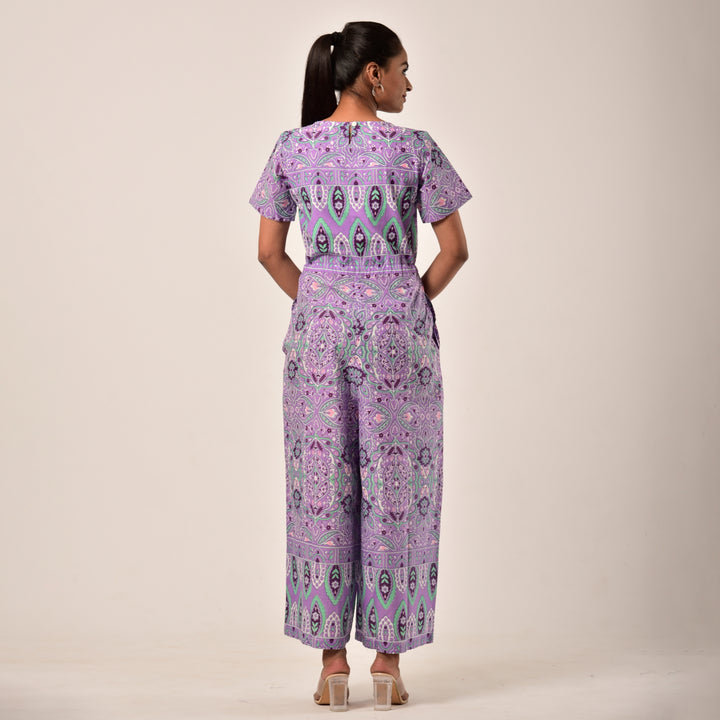 Cotton Purple Handlook Waist Tie Up Jumpsuit