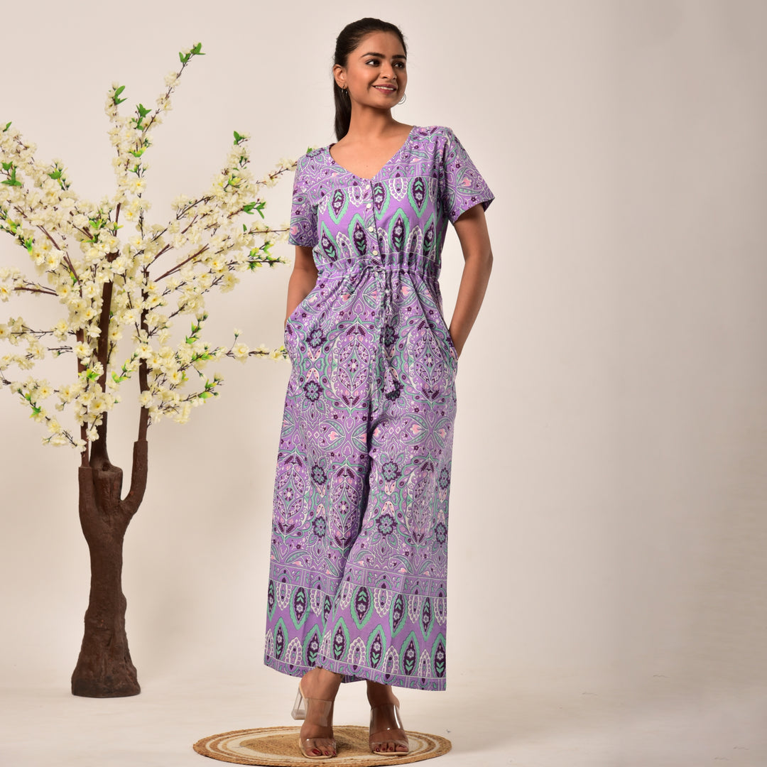 Cotton Purple Handlook Waist Tie Up Jumpsuit