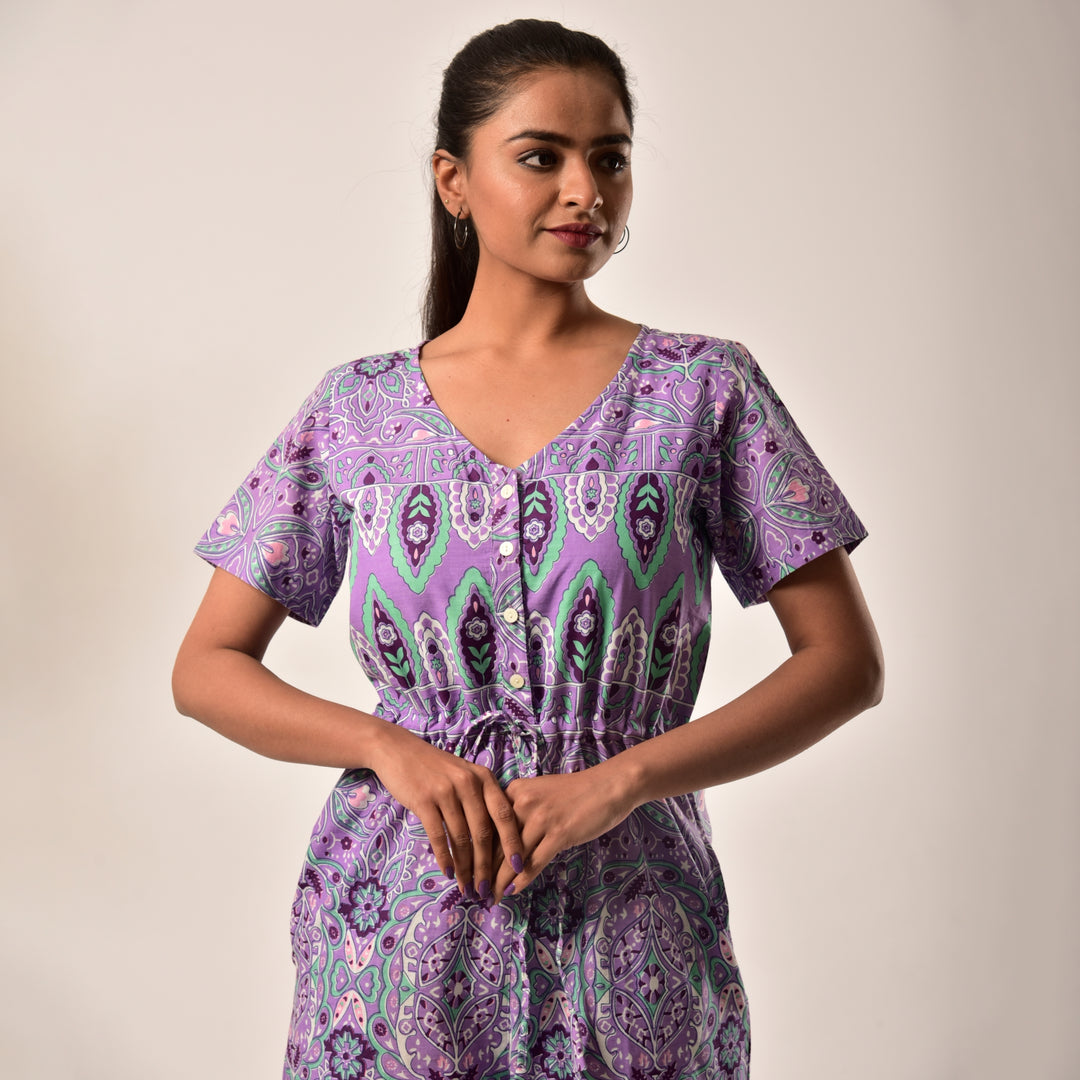 Cotton Purple Handlook Waist Tie Up Jumpsuit