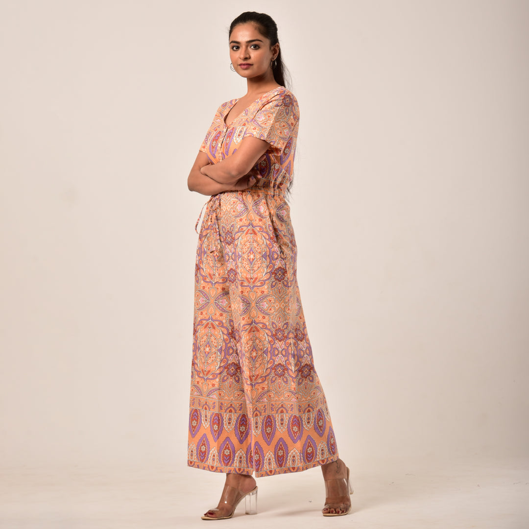 Cotton Peach Handlook Waist Tie Up Jumpsuit