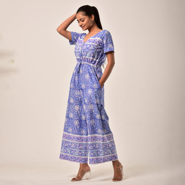 Cotton Hand Block Print Blue Jumpsuit