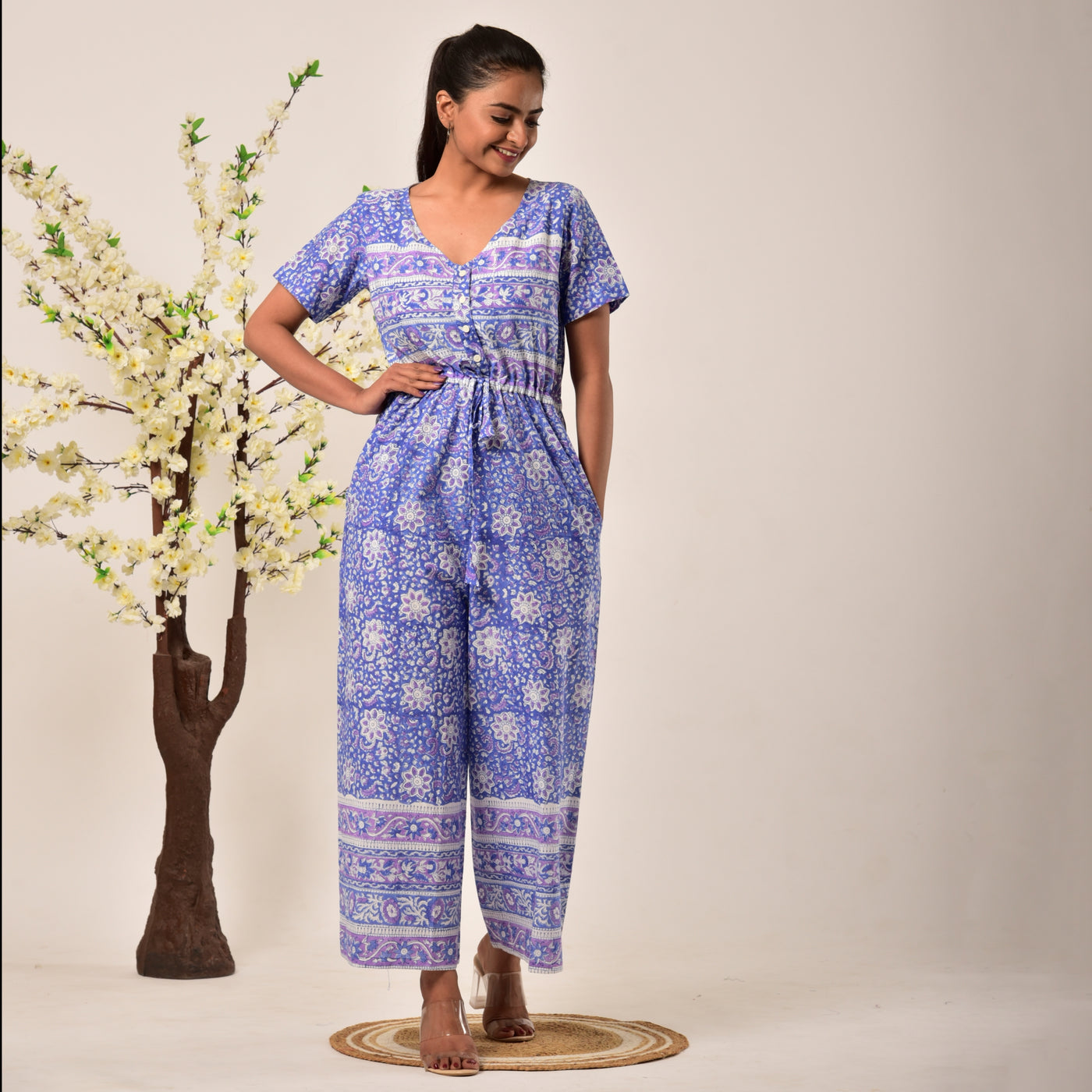 Cotton Hand Block Print Blue Jumpsuit