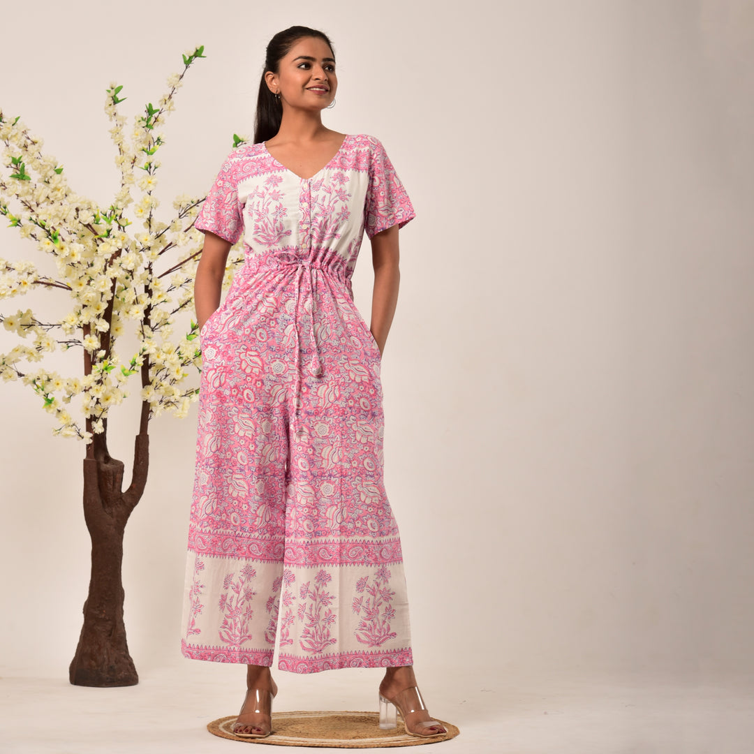 Cotton Hand Block Print Pink Jumpsuit