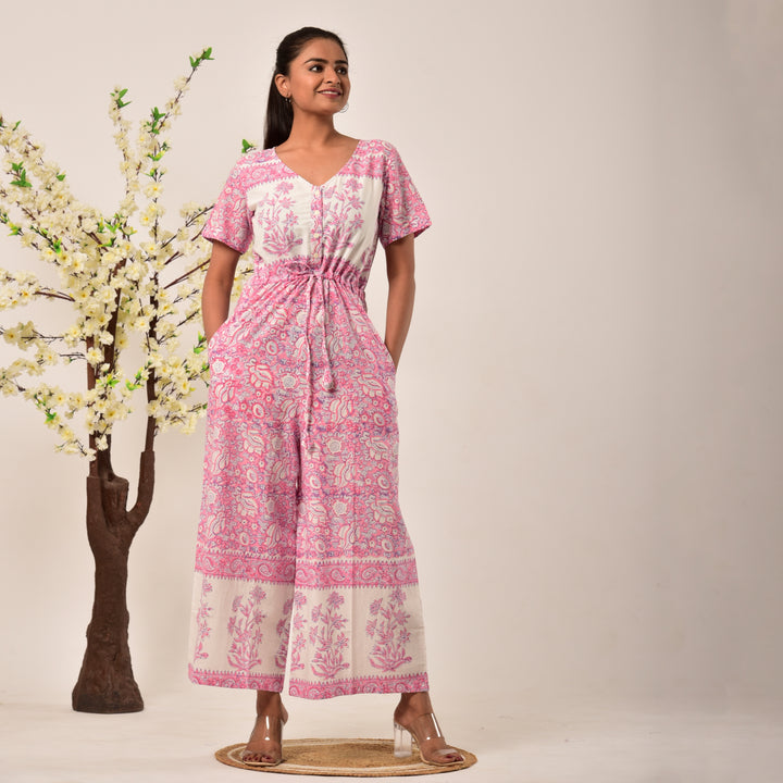 Cotton Hand Block Print Pink Jumpsuit