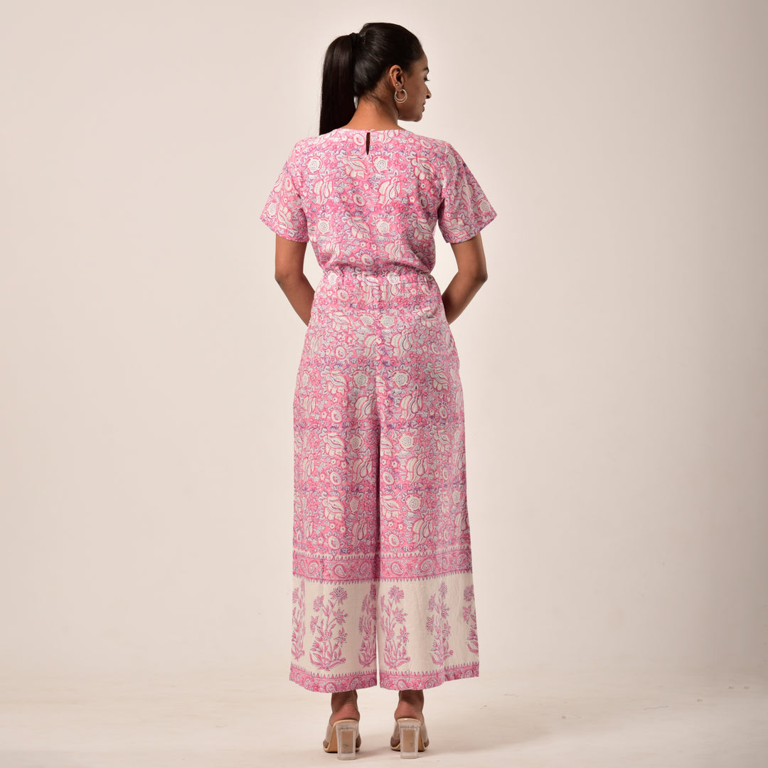 Cotton Hand Block Print Pink Jumpsuit
