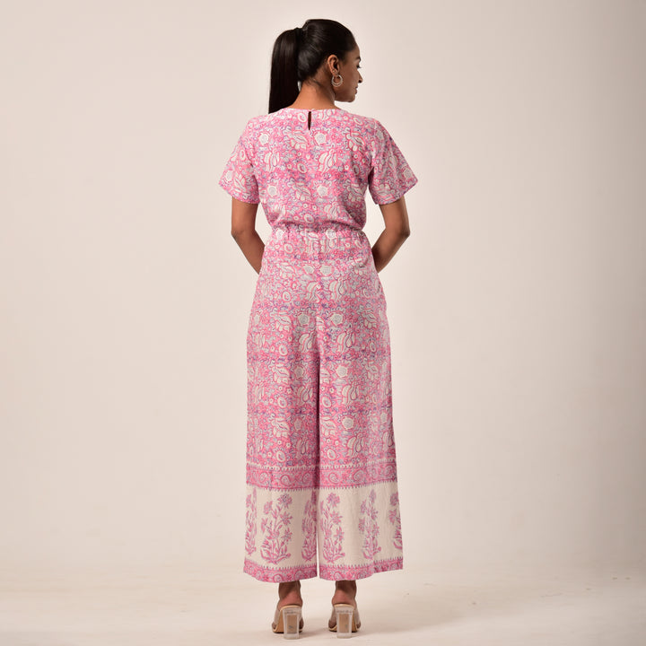 Cotton Hand Block Print Pink Jumpsuit