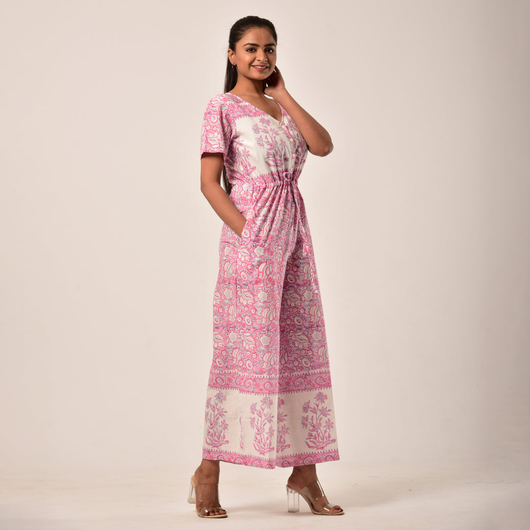 Cotton Hand Block Print Pink Jumpsuit