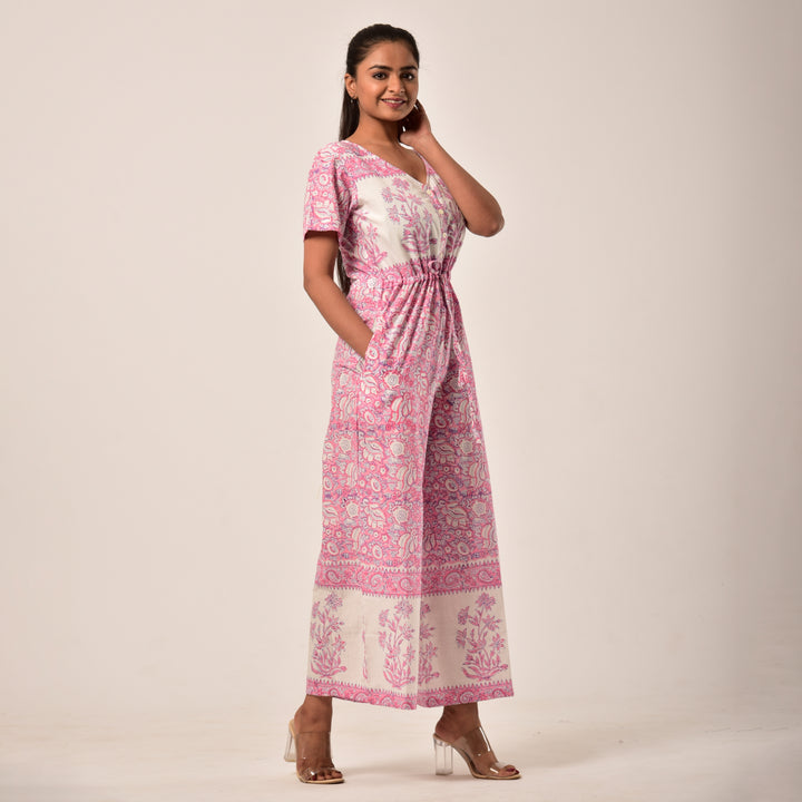 Cotton Hand Block Print Pink Jumpsuit