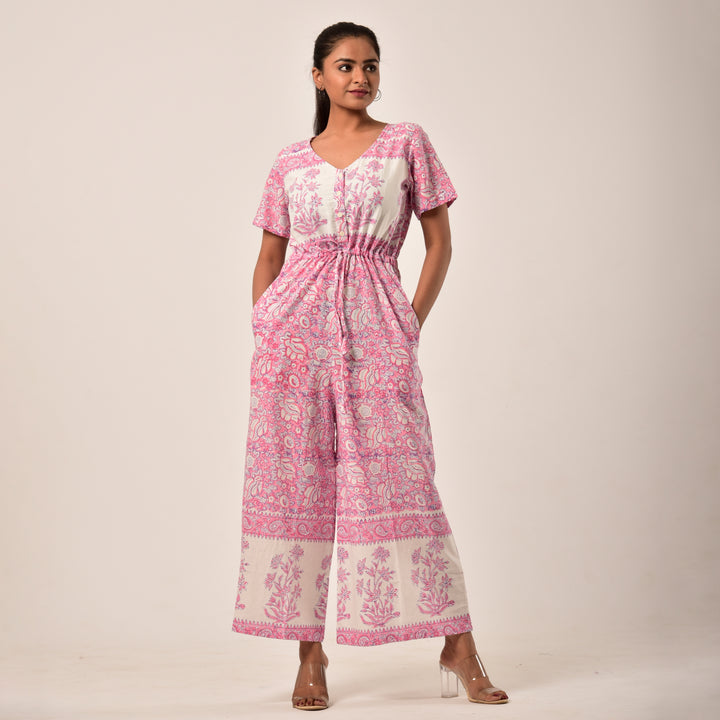 Cotton Hand Block Print Pink Jumpsuit