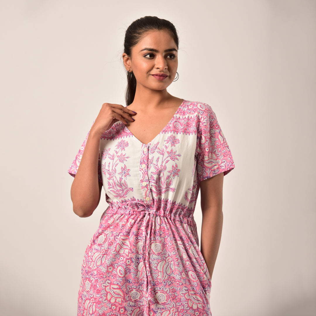 Cotton Hand Block Print Pink Jumpsuit