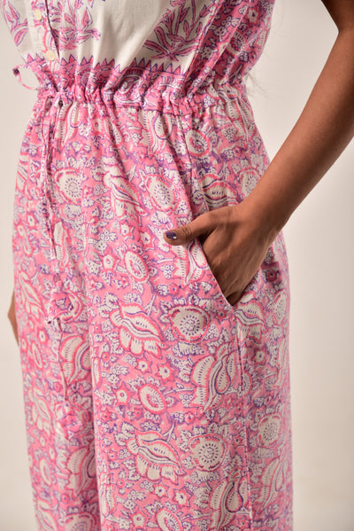 Cotton Hand Block Print Pink Jumpsuit