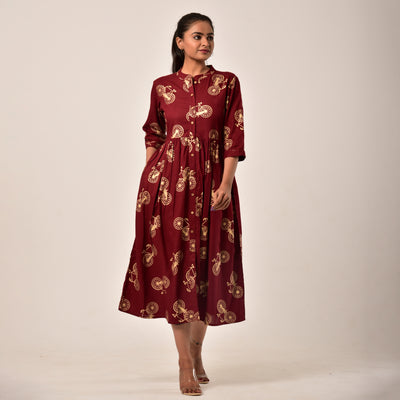 Maroon Cycle Gold Print 3in1 Dress