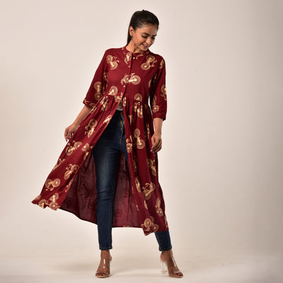 Maroon Cycle Gold Print 3in1 Dress
