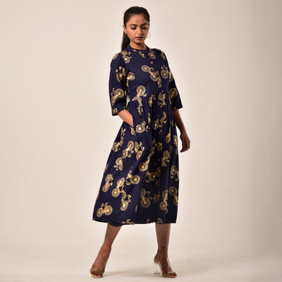 Navy Blue Cycle Gold Print 3in1 Dress