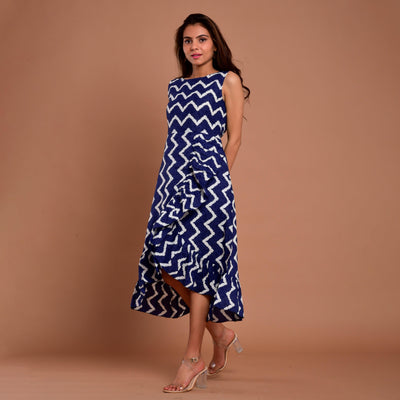 Blue Zigzag Frill Cotton Dress