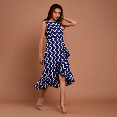 Blue Zigzag Frill Cotton Dress