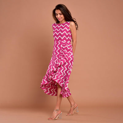 Pink Zigzag Frill Cotton Dress