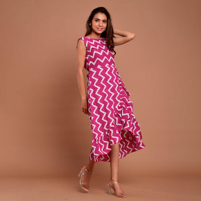 Pink Zigzag Frill Cotton Dress
