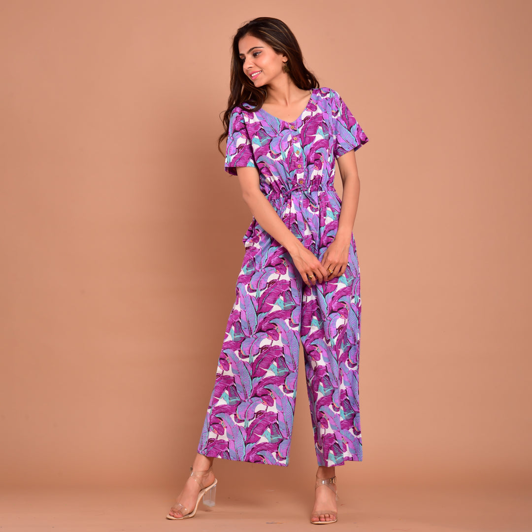 Purple Leaf Waist Tie-Up Jumpsuit