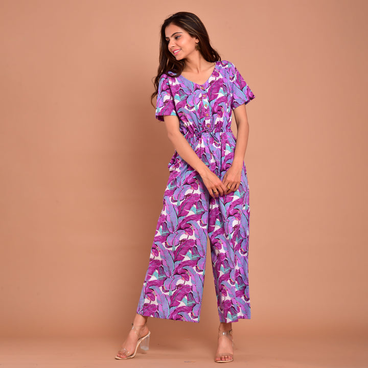 Purple Leaf Waist Tie-Up Jumpsuit