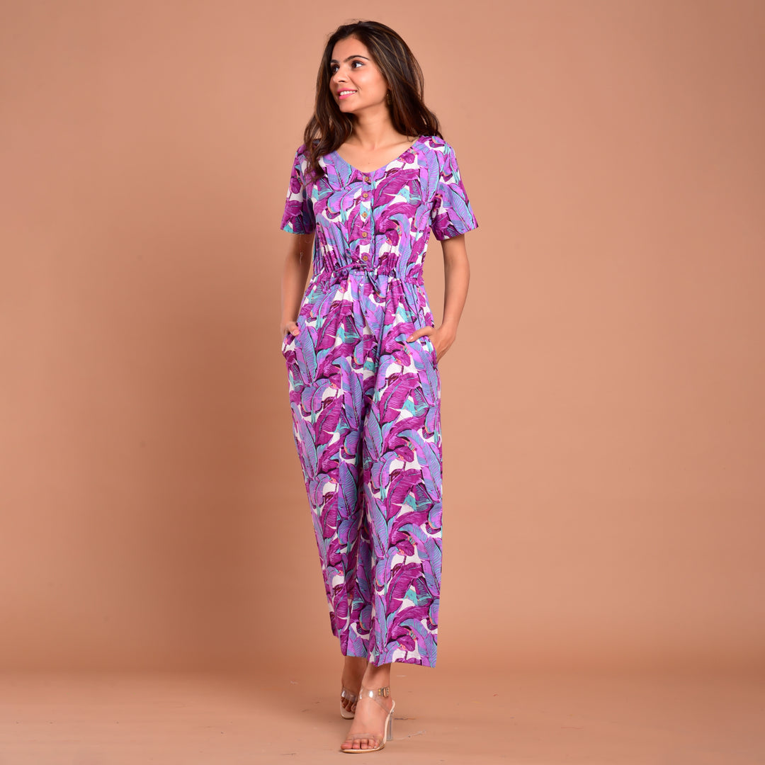Purple Leaf Waist Tie-Up Jumpsuit