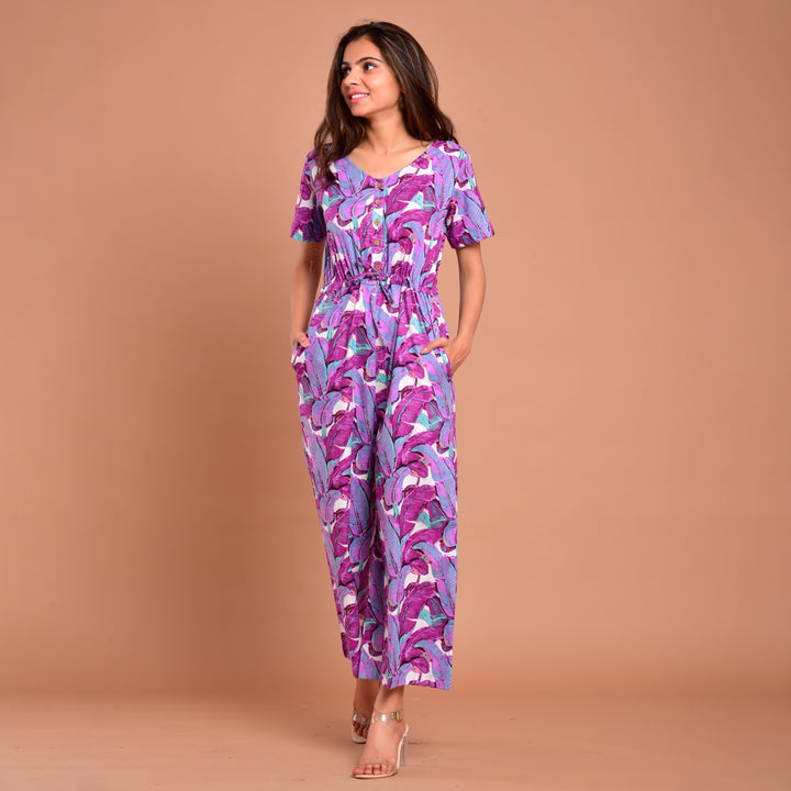 Purple Leaf Waist Tie-Up Jumpsuit