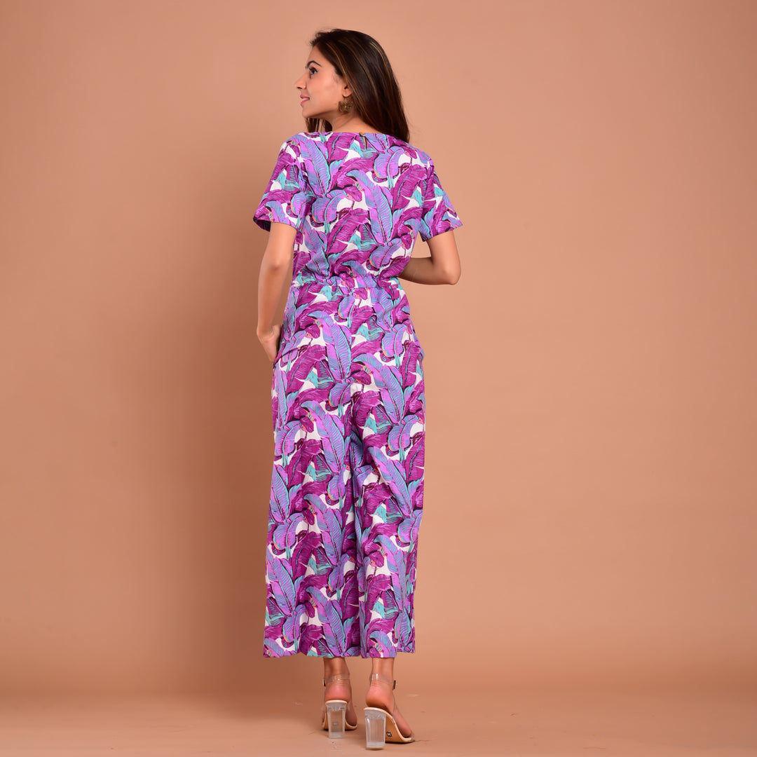 Purple Leaf Waist Tie-Up Jumpsuit