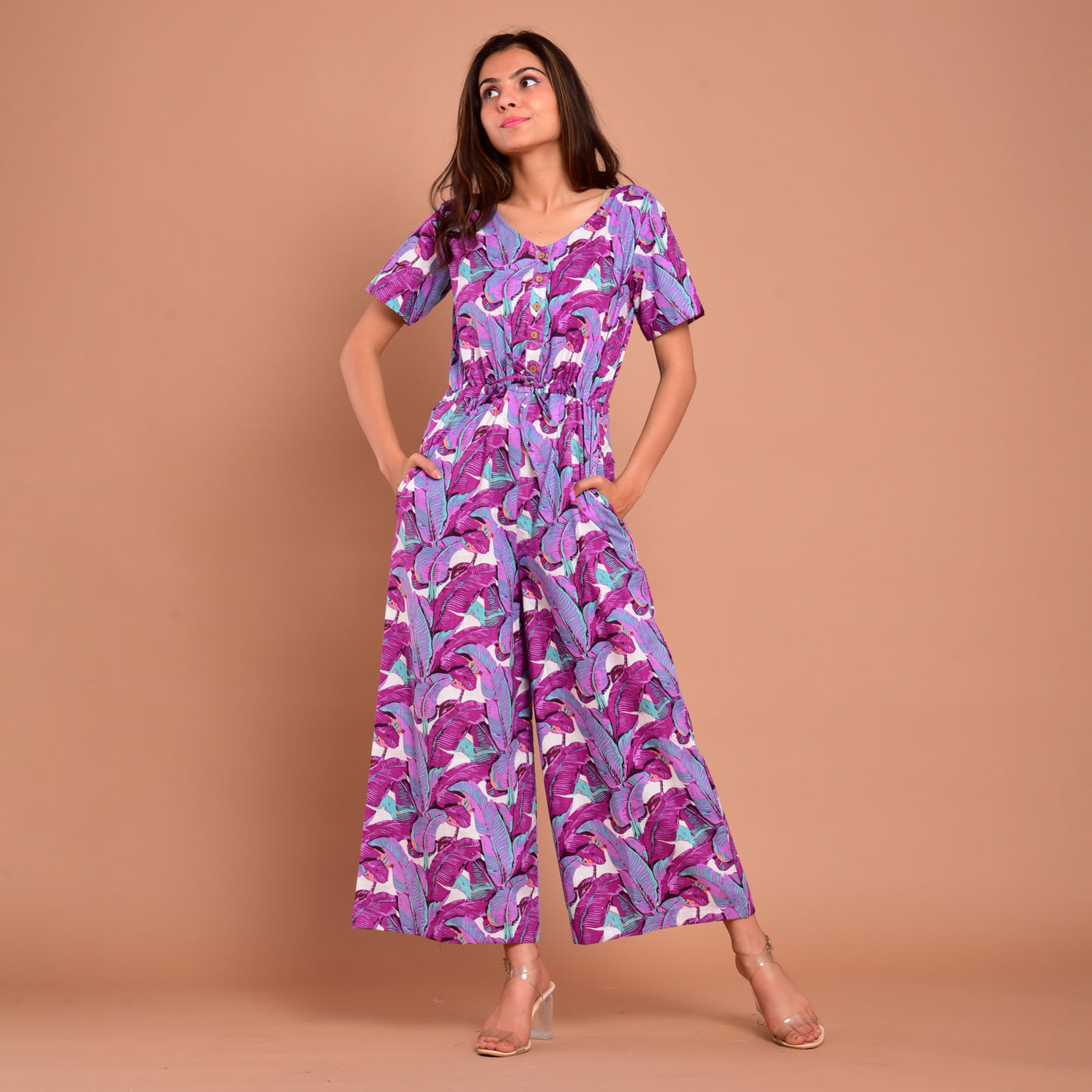 Purple Leaf Waist Tie-Up Jumpsuit