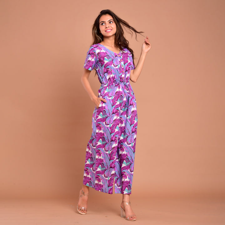 Purple Leaf Waist Tie-Up Jumpsuit