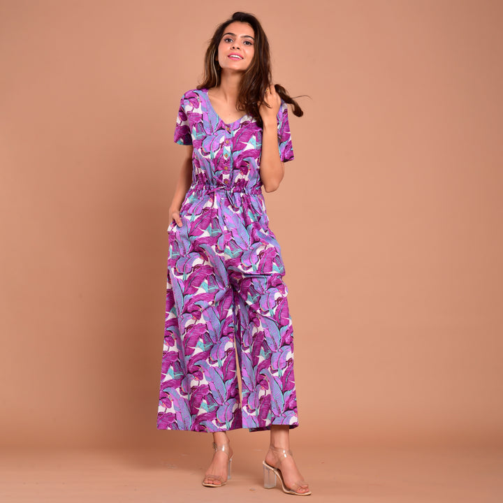 Purple Leaf Waist Tie-Up Jumpsuit