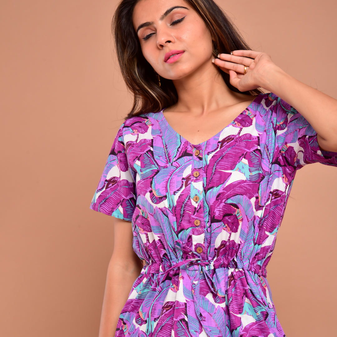 Purple Leaf Waist Tie-Up Jumpsuit