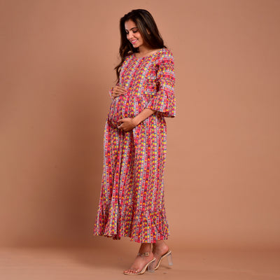 Cotton Pink Border Print Frilled Long Maternity Dress