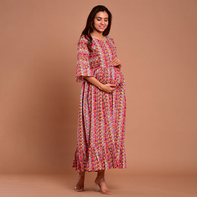 Cotton Pink Border Print Frilled Long Maternity Dress